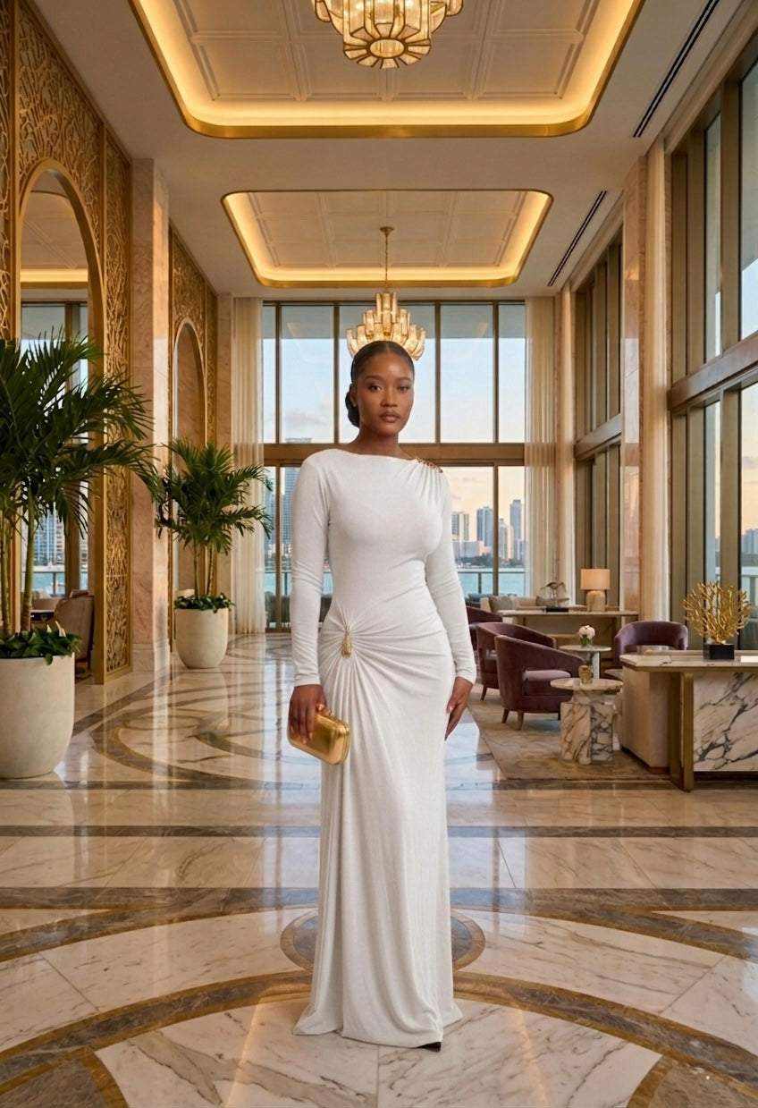 Elegant white evening gown with sculpted silhouette and soft draping for formal occasions