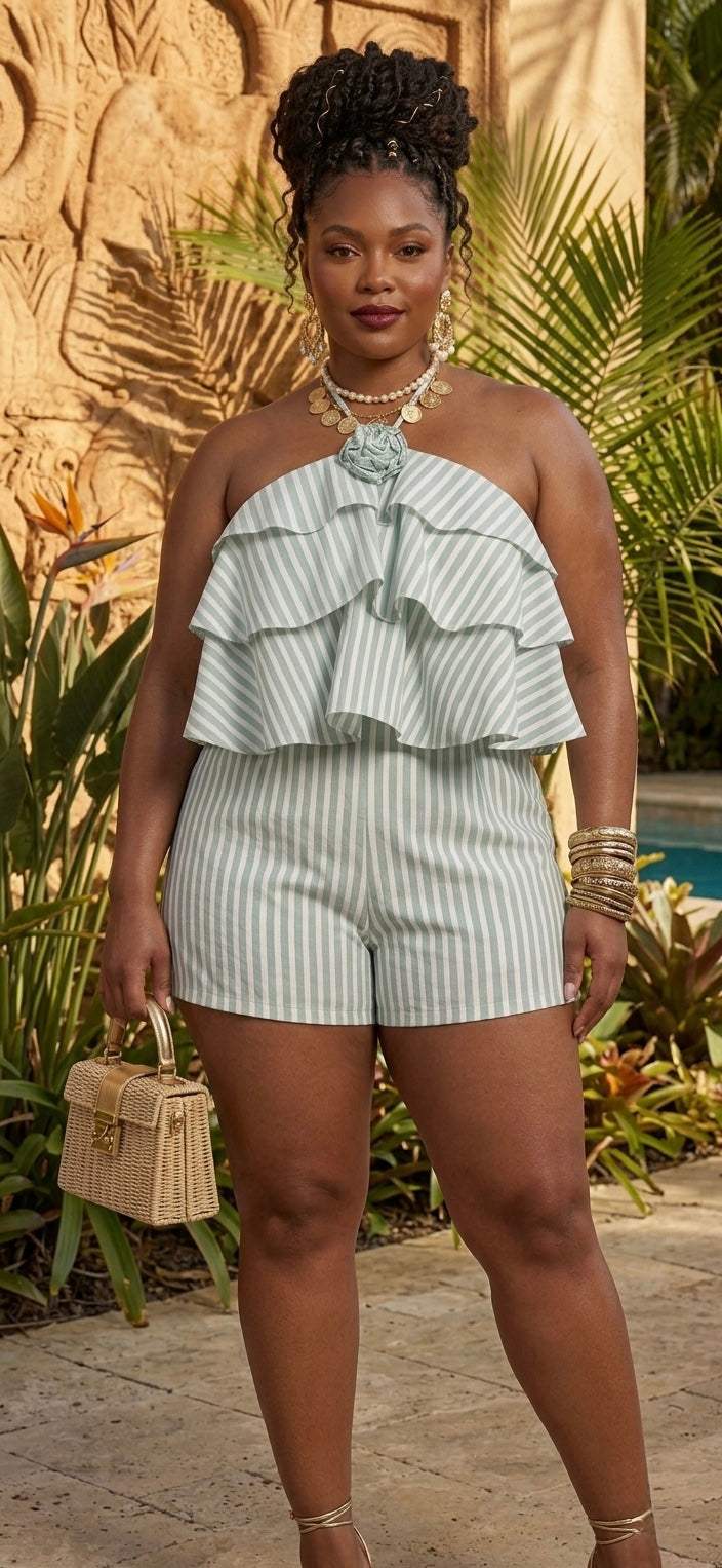 Vacation-ready playsuit in teal and white by Darling Privé 