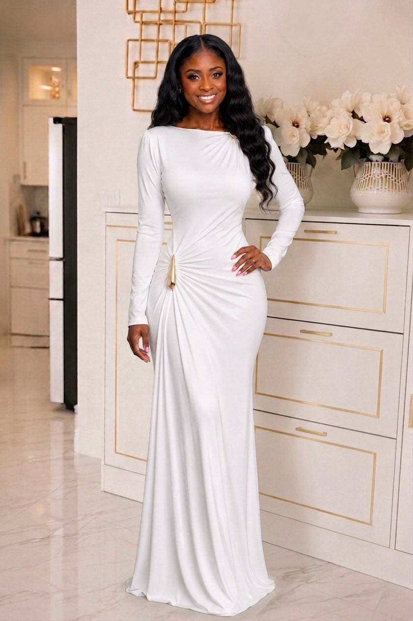 Elegant white evening gown with sculpted silhouette and soft draping for formal occasions