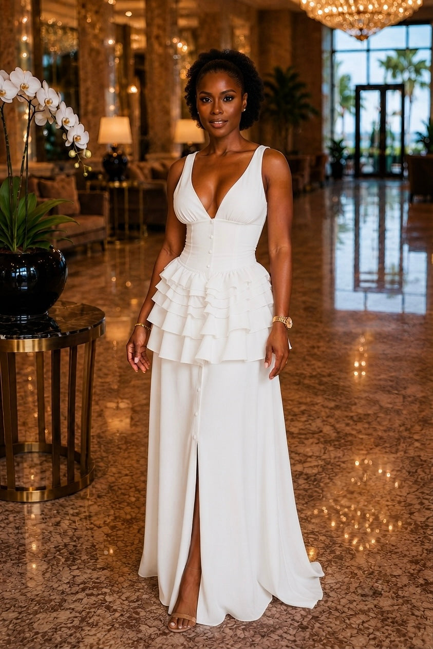 Élodie Peplum Maxi Dress – Pearl White