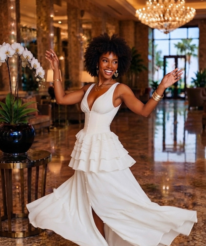 Élodie Peplum Maxi Dress – Pearl White